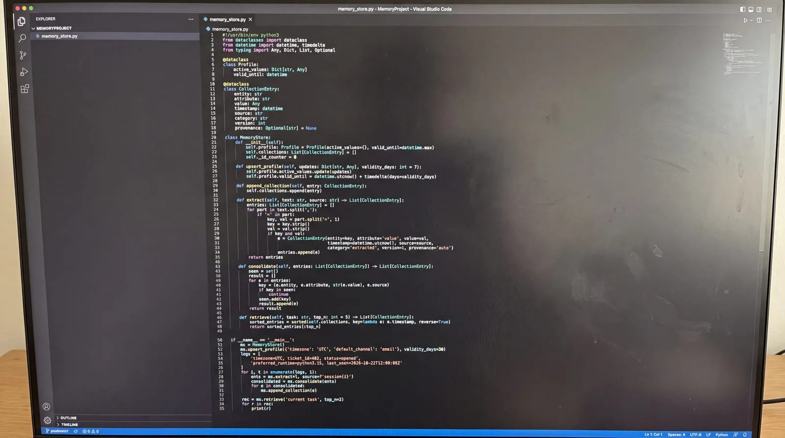 Screenshot of Python code for a memory store project displayed on a computer screen.